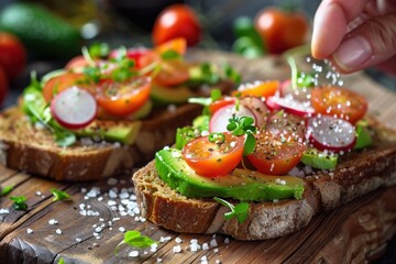 Fresh Avocado Toast with Sea Salt, Cherry Tomatoes, and Radishes on Rustic Wooden Board