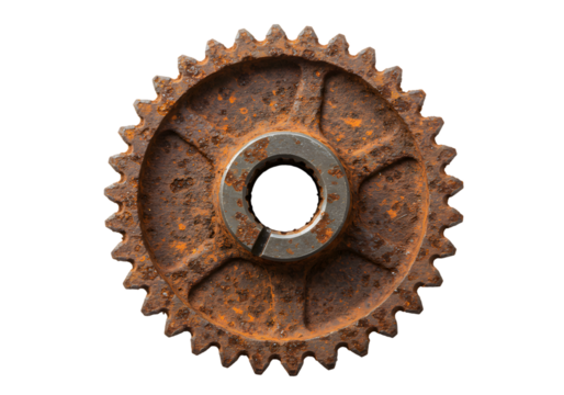 Aged Heavy-Duty Rusted Steel Gear Wheel PNG Cutout.