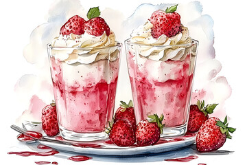 Watercolor illustration of two layered strawberry desserts with whipped cream and fresh berries on a plate.