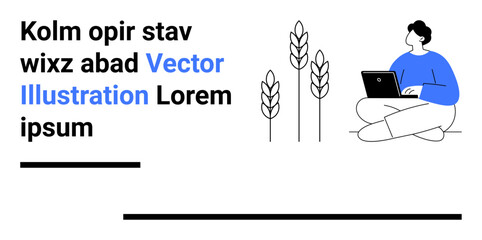 Individual seated with a laptop beside wheat plants and placeholder header text. Ideal for agriculture, blog design, education, remote work, minimalistic layouts, food industry, simple landing page