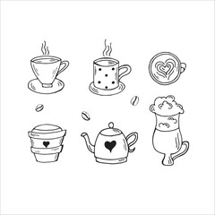 Hand drawn coffee cup with smoke set. Minimalist sketch doodle for cafe. Sketched teacup art icon, handdrawn tea bowl, simple hot drink mug drawing logo