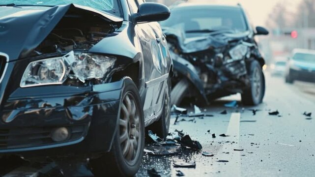 Two cars are involved in a collision on a busy city street, resulting in significant damage and debris scattered across the road as onlookers assess the situation