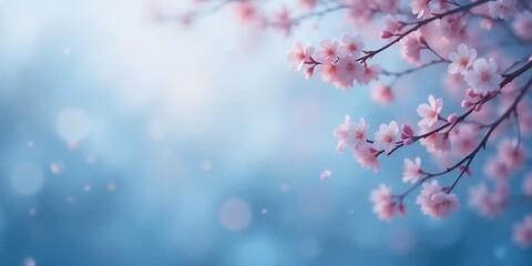 Blooming Cherry Blossom Branches with Soft Focus Blue Spring Background