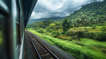 Fototapeta premium Tropical Rainforest Train Journey Lush Green Landscape View from Moving Train Window Scenic Nature Travel Photography Dramatic Clouds sky blur palm 