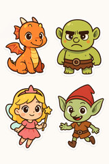 Naklejka premium Collection of four cute chibi-style cartoon stickers featuring a dragon, an ogre, a fairy and a goblin, designed with vibrant colors and minimalist background, ideal for children