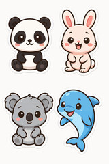 Collection of four cute chibi-style cartoon stickers featuring a panda, a bunny, a koala and a dolphin, designed with vibrant colors and minimalist background, ideal for children