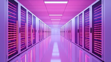 A futuristic data center corridor illuminated in vibrant pink, showcasing rows of server racks reflecting a sleek, high-tech environment.