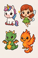 Obraz premium Set of cute cartoon fantasy characters featuring a unicorn, a fairy, a dragon and a phoenix, illustrated in a playful and colorful sticker style for children, magic and education use