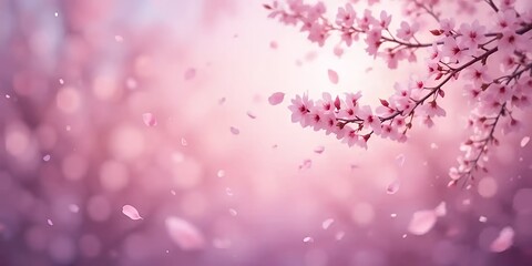Obraz premium Delicate Cherry Blossom Branch with Falling Petals in Soft Pink Light