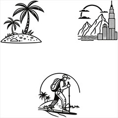 Tropical island sunset travel icons depict a palm tree silhouette against an ocean beach