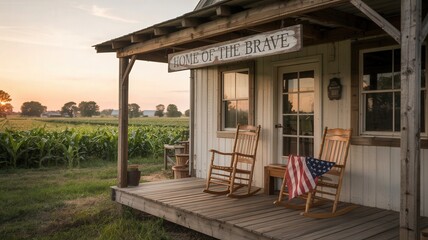 Rustic farmhouse porch with wooden rocking chairs, American flag, and Home of the Brave sign at sunset in a rural countryside setting