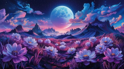 Surreal fantasy landscape with glowing full moon, vibrant purple flowers, and dramatic mountain peaks under a starry night sky