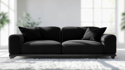 Fototapeta premium Modern black sofa with plush cushions in a bright living room interior, featuring large windows and soft white rug