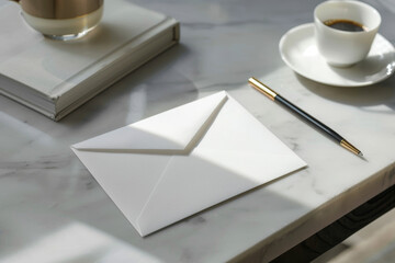 Elegant Monogrammed Stationery with Pen and Coffee Cup on Modern Desk for Sophisticated Office Setup