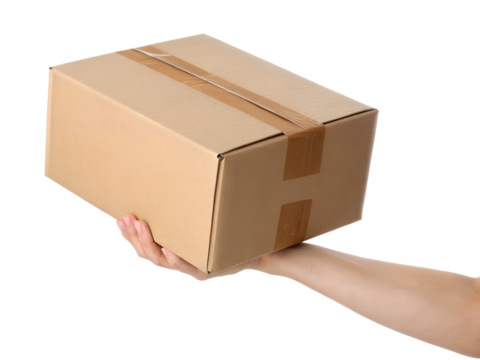 Cardboard parcel box in hand isolated on transparent background