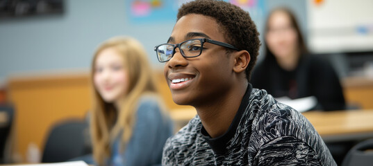 Student Engaged in Classroom Discussion with Supportive Teacher and Engaged Classmates