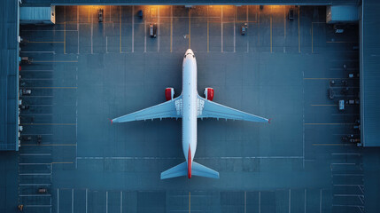 Top view of colorful airplanes parked in a row on airport apron, symbolizing international flights, commercial aviation, logistics, ground service and modern transportation