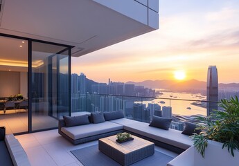 Fototapeta premium A modern city rooftop terrace at sunset, with an orange and purple gradient sky, featuring white sofas and a coffee table, background of skyscrapers and distant mountains