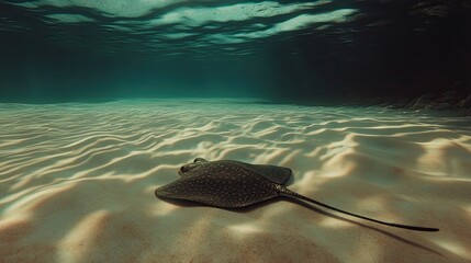 Fototapeta premium Stingray floating near seafloor, textured waves and natural forms