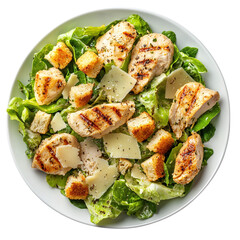 Classic grilled chicken Caesar salad with parmesan and croutons, isolated on a white transparent background.
