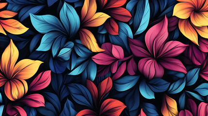 A colorful flower pattern with blue, red, and yellow flowers