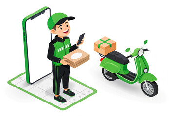 Obraz premium Cartoon Delivery Concept Illustration with Green Uniform, Scooter, Smartphone and Package for E-Commerce Services