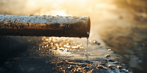 Rusty pipe leaking water on wet ground at sunset  