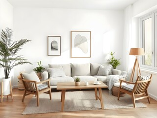 Fototapeta premium Minimalist Scandinavian living room with a neutral color palette, wooden furniture, natural décor, indoor plants and modern accents