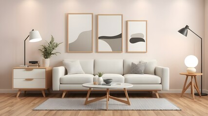 Minimalist Scandinavian living room with a neutral color palette, wooden furniture, natural décor, indoor plants and modern accents
