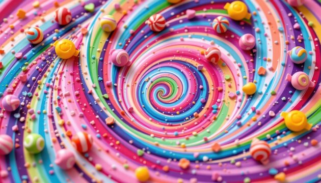 Whimsical Candy Swirl Generate an image featuring a playful swirl of colorful candy patterns with shiny accents and vibrant colors.