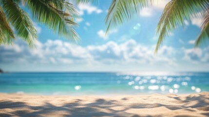 Fototapeta premium Tropical Beach Scene Summer Vacation Idyllic Paradise Sunny Ocean Coastal Seascape Relaxing Holiday Tropical Getaway Calm Peaceful Tranquil Blue Water