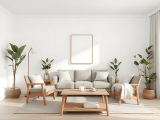 Fototapeta premium Minimalist Scandinavian living room with a neutral color palette, wooden furniture, natural décor, indoor plants and modern accents