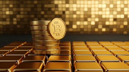 A stack of golden Bitcoin coins is displayed atop shiny gold bars, representing wealth and digital currency in a luxurious setting.