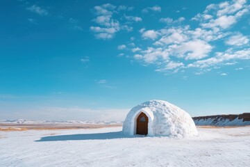 Igloo in snowy plains under blue sky, winter shelter