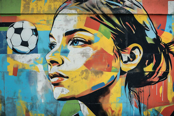Graffiti portrait of a woman with a soccer ball