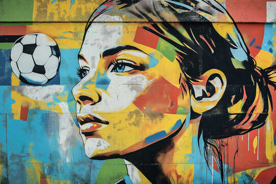 Graffiti portrait of a woman with a soccer ball