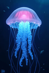 Generative AI Glowing Jellyfish Underwater Digital Art jellyfish ocean underwater blue pink tentacles marine life sea digital art tranquility mystery fantasy wonder - High Quality Image