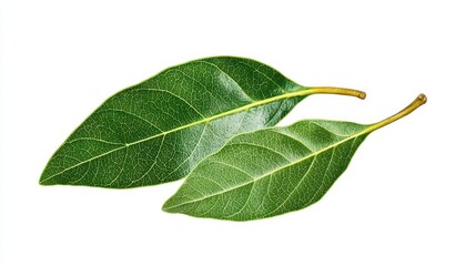 Fototapeta premium Two fresh bay leaves isolated on a white background perfect for culinary uses and natural aromatic displays