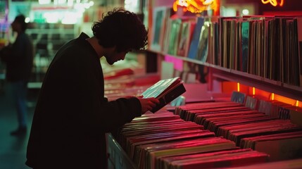 Contemplative shopper flipping through vintage vinyl records in a music store aisle