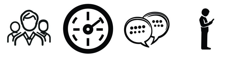 Business team, time management, communication and digital lifestyle black and white icons.