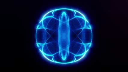 Abstract blue energy sphere flowing on dark futuristic background. Dynamic glowing magic waveform orb.