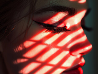 Artistic portrait of a woman with striking light and shadow patterns studio setting photography moody atmosphere close-up perspective