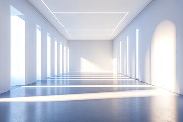 Modern minimalist gallery with sunlit open floor and large windows