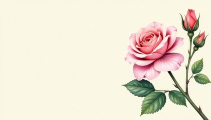 Fototapeta premium Delicate watercolor rose buds and leaves on a cream background, texture, botanical
