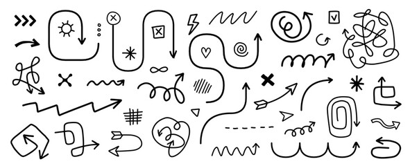 Vector business cartoon illustration of set of simple different line arrow on white background. Flat sketch hand drawn doodle style design of collection of various abstract black element and icon