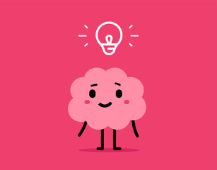 Vector cartoon illustration of cute smile brain think creative idea on pink color background. Flat doodle style design of happy brain character with line light bulb over head