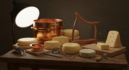 Still life of cheese varieties with copper pot and a small wooden harp on a wooden table