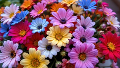 Floral Burst A close up of colorful flowers in full bloom, with contrasting colors creating a lively and vibrant scene.