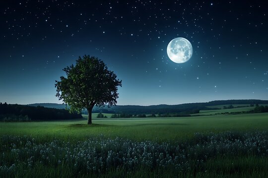 A clear starry sky above a peaceful pasture, a single oak tree illuminated by the full moon.