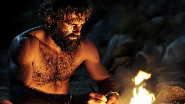 Ancient man sitting around bonfire at night in a prehistoric setting, ancient man or caveman surrounding a bonfire at night video stock ing